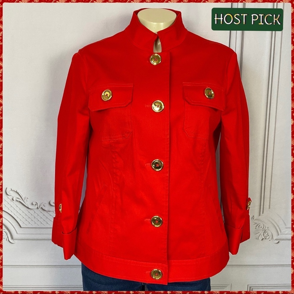 💋 Jones New York Signature Stretch Bright Red (Orange) Sm Big Button Blazer
